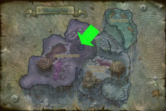 Map of Vash'ir, with the Abyssal Maw entrance indicated by a green arrow