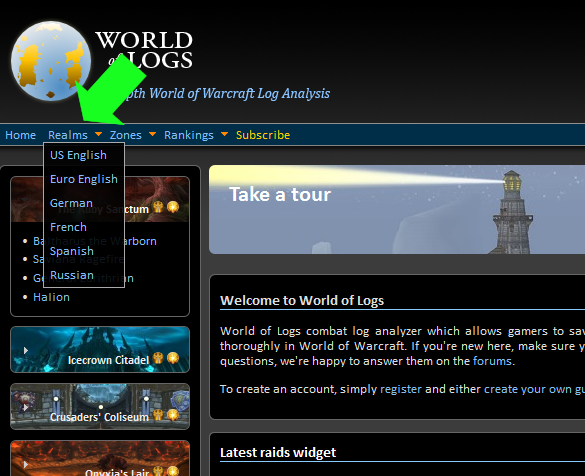 The "Realms" menu on World of Logs, indicated with a giant green arrow