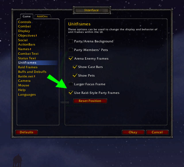 Screenshot of the Options-Interface-Unitframes menu, with the "Use raid-style party frames" option ticked and indicated by a big green arrow