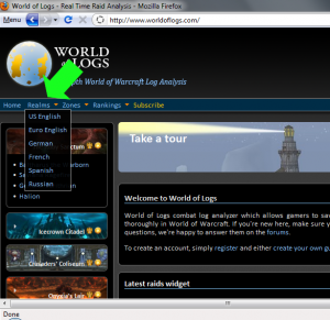 The "Realms" menu on World of Logs, indicated with a giant green arrow