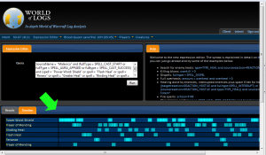 The World of Logs Timeline display, with one last big green arrow pointing to the timeline